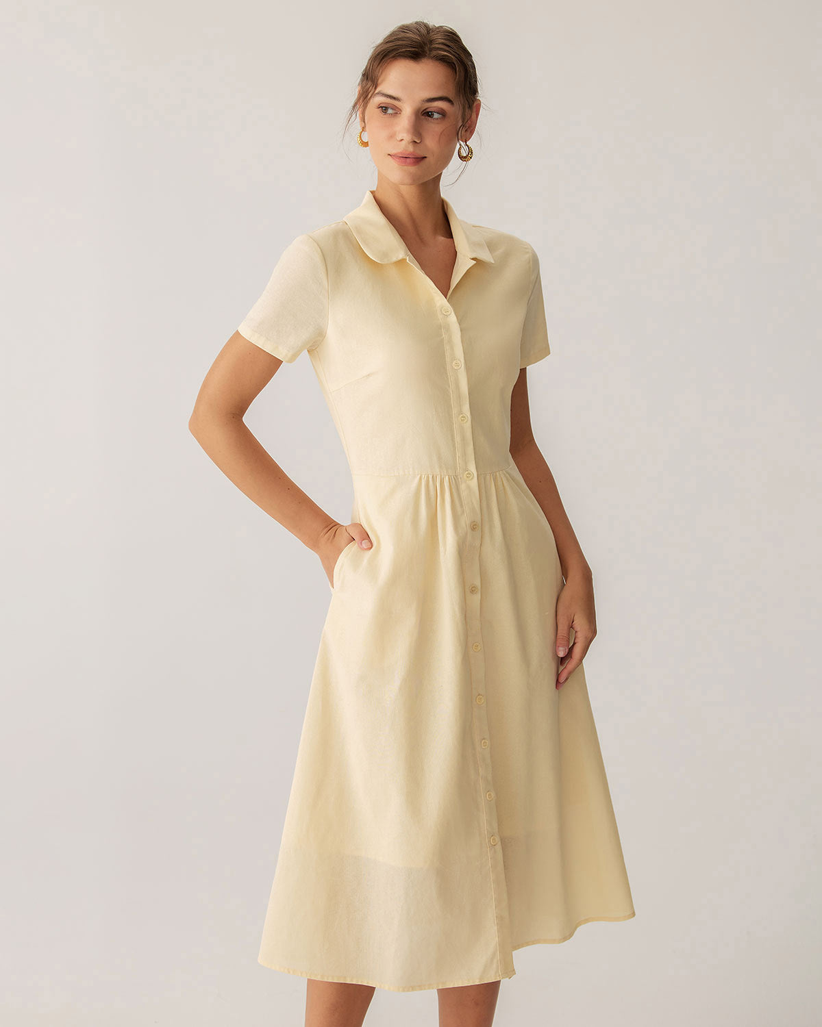 Sunny Yellow Short Sleeve Midi Dress with Button Details