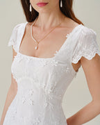 Embroidered White Midi Dress with Square Neckline