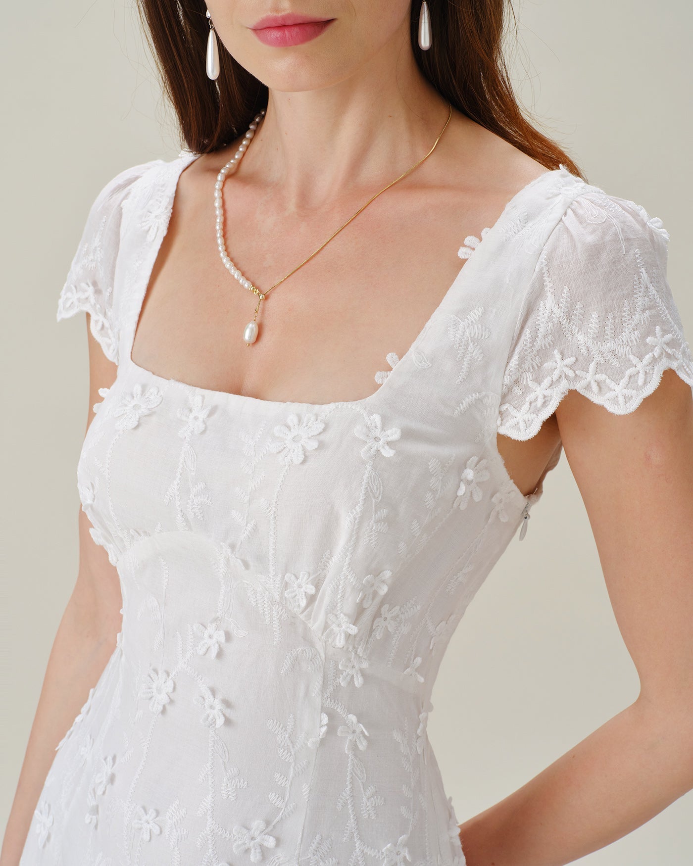 Embroidered White Midi Dress with Square Neckline
