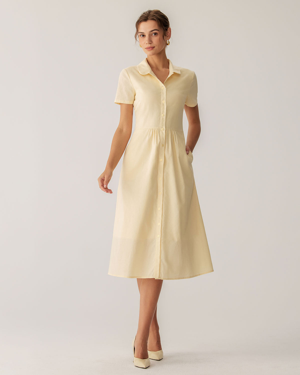 Sunny Yellow Short Sleeve Midi Dress with Button Details