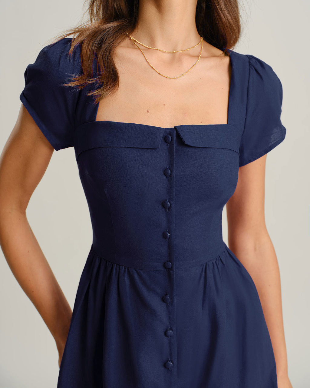 Navy A-Line Midi Dress with Square Neck and Short Sleeves