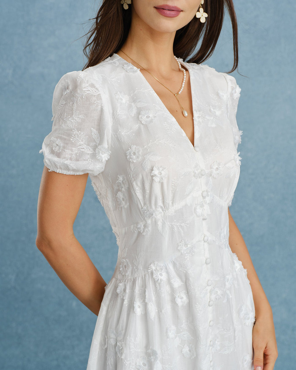 Embroidered Midi Dress with White Puffed Sleeves