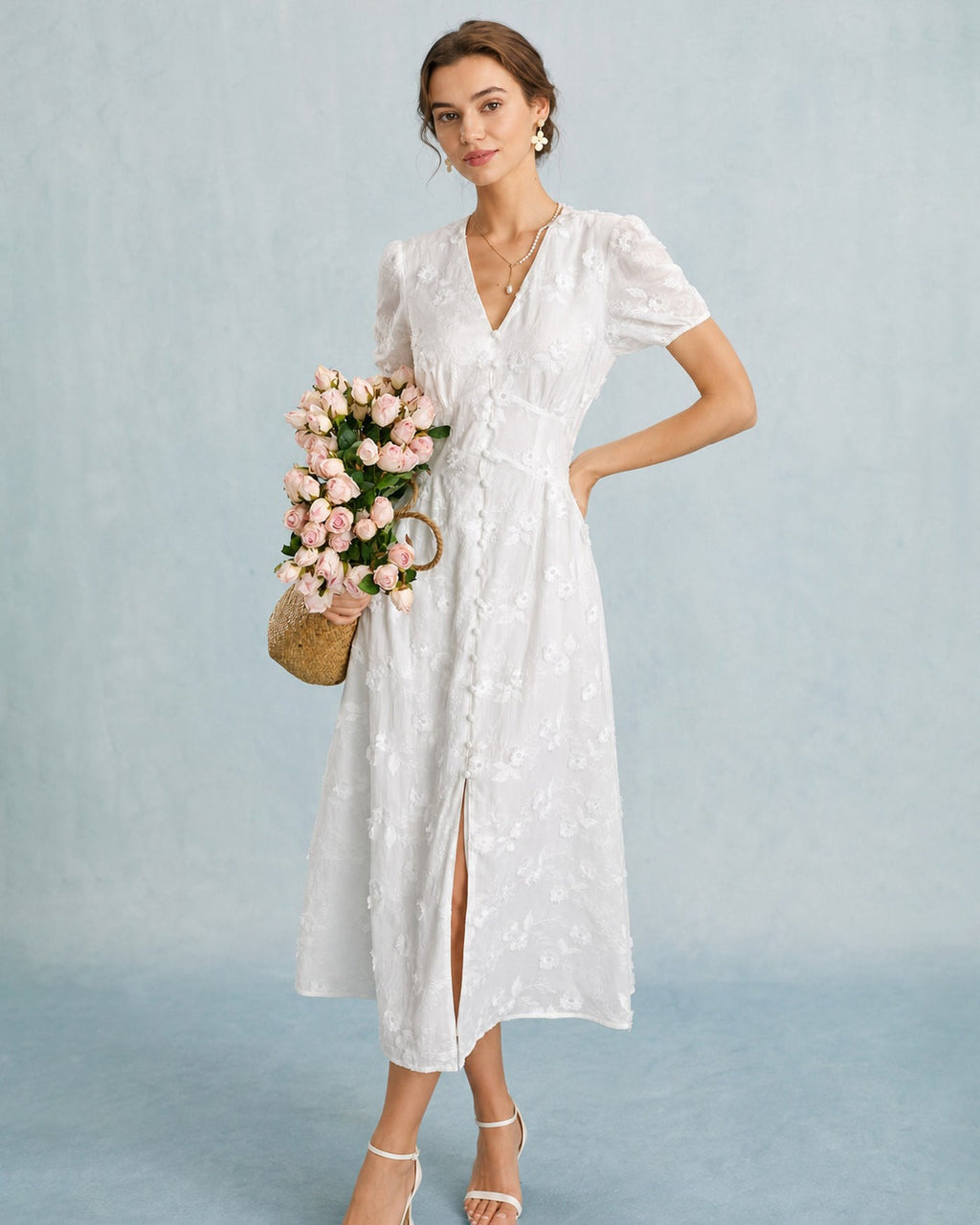 Embroidered Midi Dress with White Puffed Sleeves