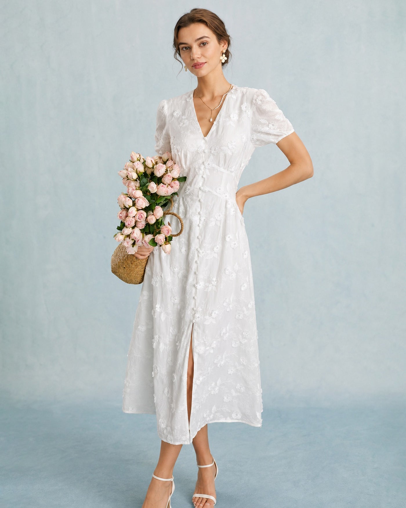 Embroidered Midi Dress with White Puffed Sleeves