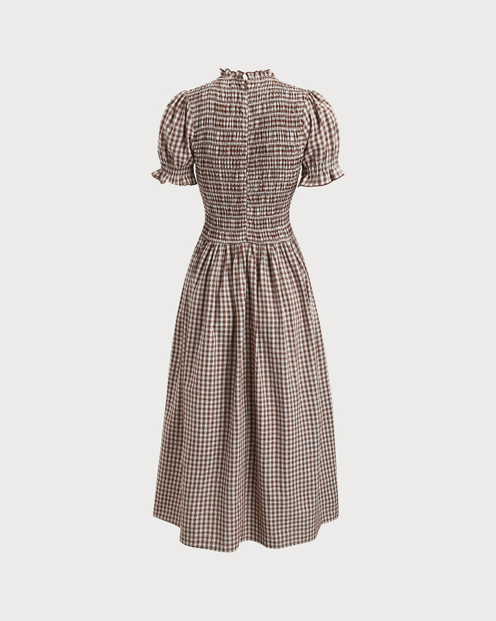 Coffee Checkered Midi Dress with Shirred Puffed Sleeves