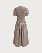 Coffee Checkered Midi Dress with Shirred Puffed Sleeves