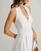 White Sleeveless Midi Dress with V-Neck Halter Design