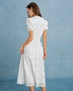 Embroidered Midi Dress with White Puffed Sleeves