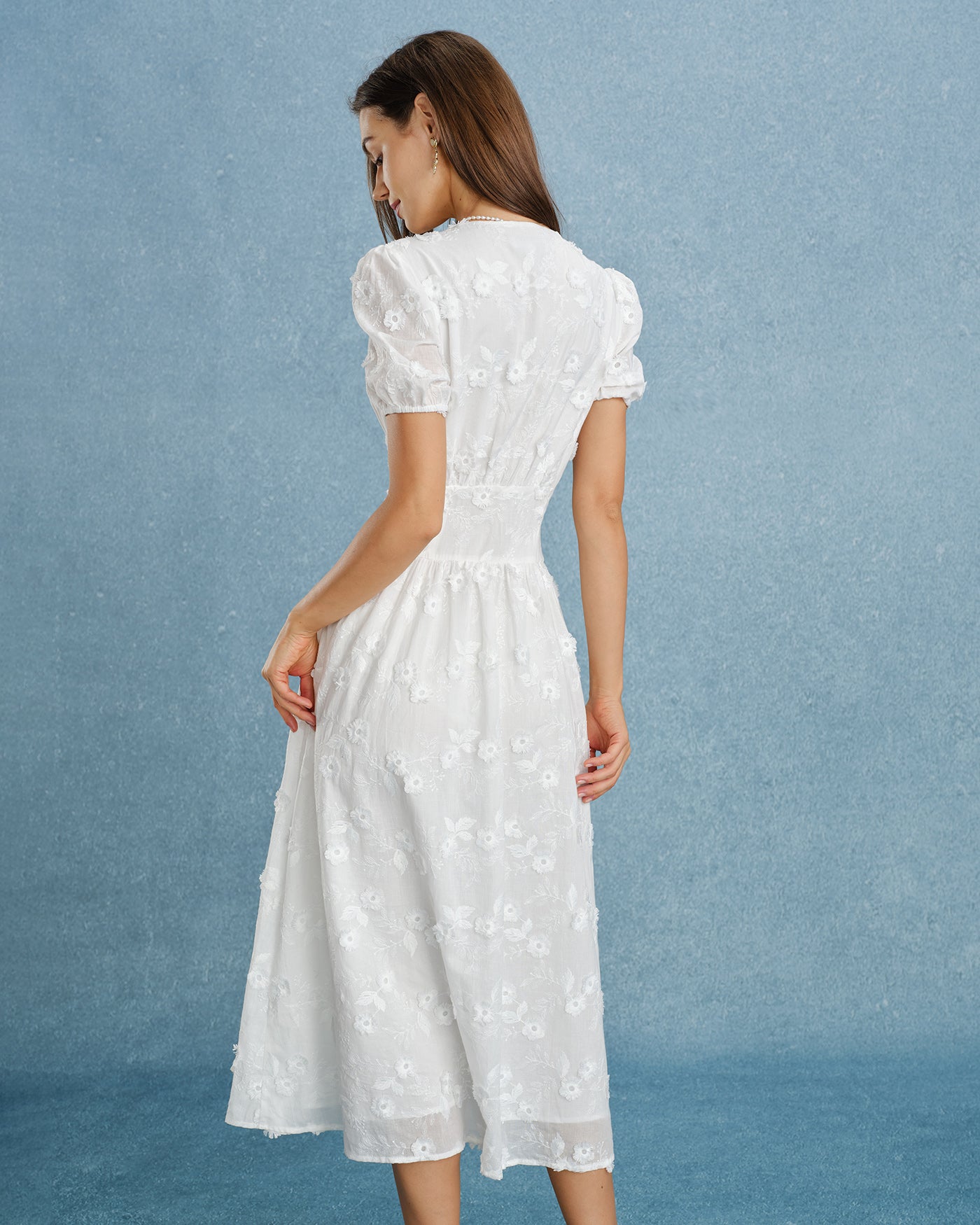 Embroidered Midi Dress with White Puffed Sleeves