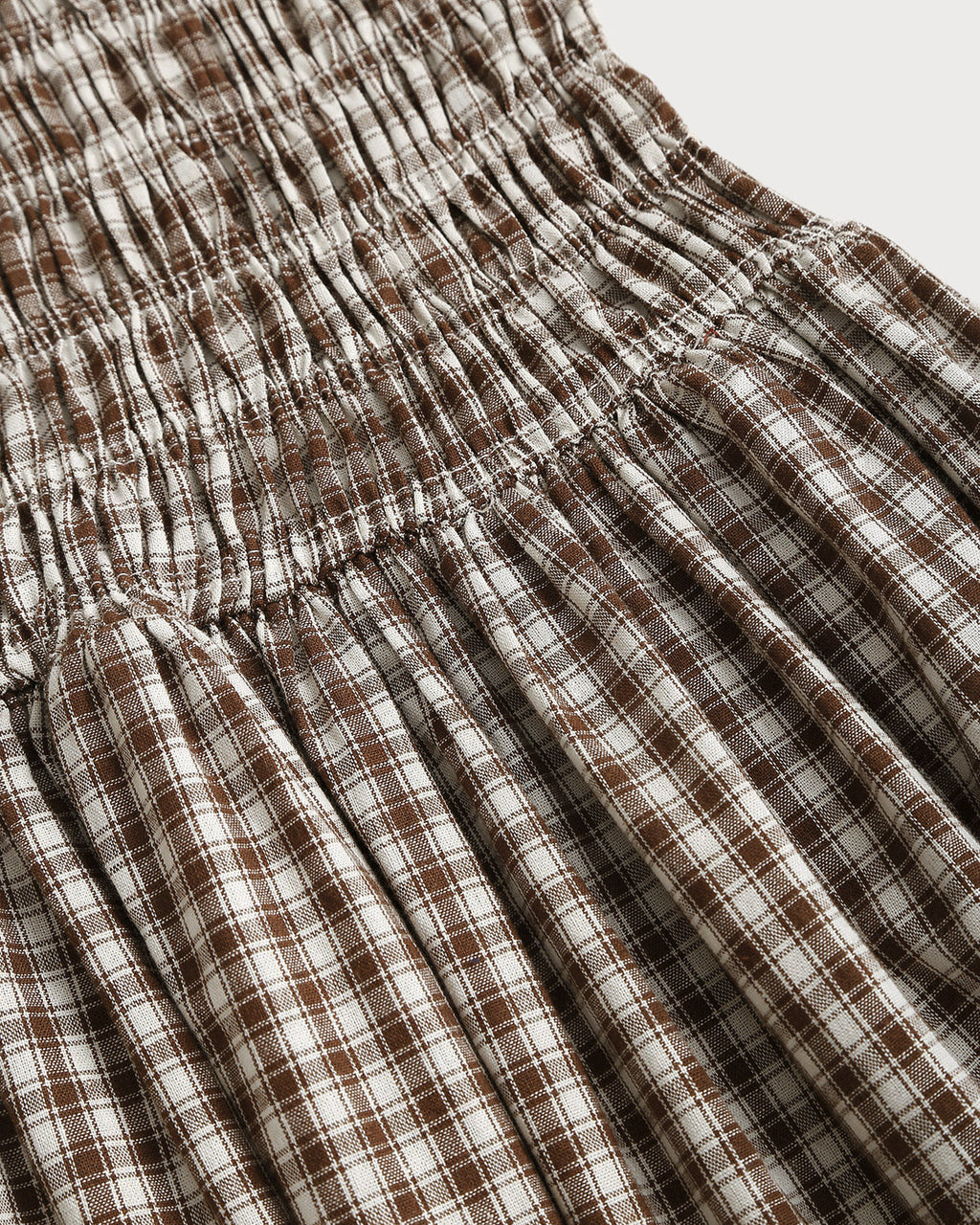 Coffee Checkered Midi Dress with Shirred Puffed Sleeves