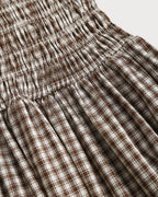 Coffee Checkered Midi Dress with Shirred Puffed Sleeves