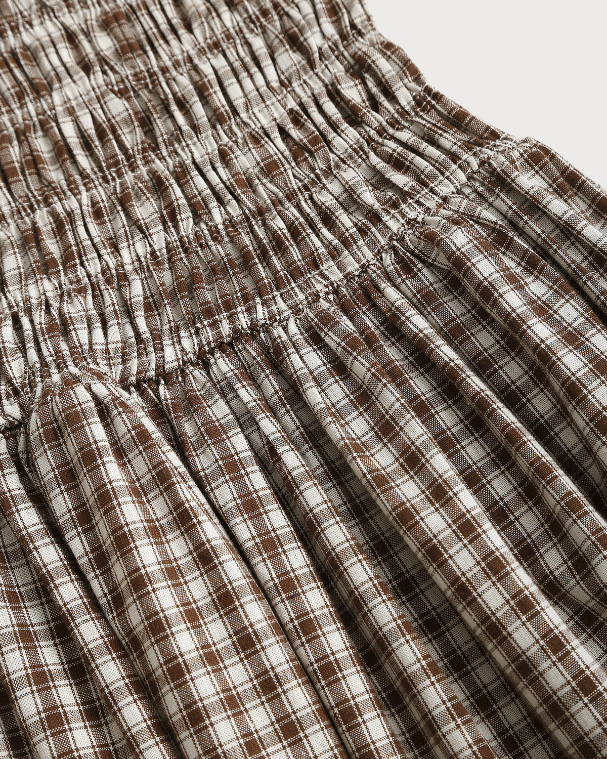 Coffee Checkered Midi Dress with Shirred Puffed Sleeves