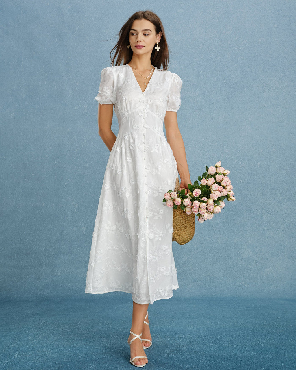 Embroidered Midi Dress with White Puffed Sleeves