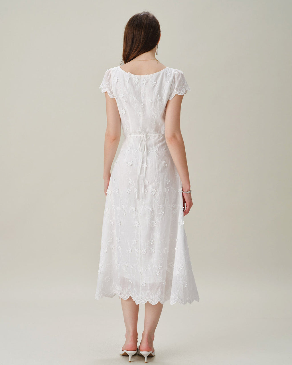 Embroidered White Midi Dress with Square Neckline