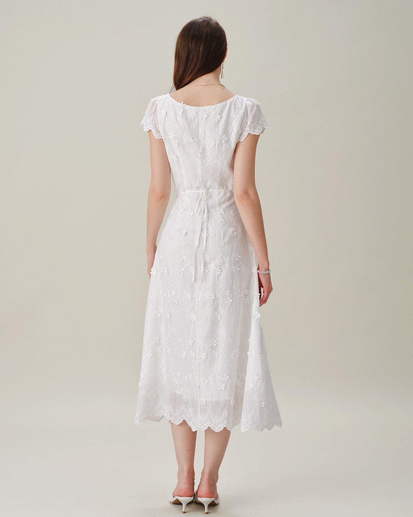 Embroidered White Midi Dress with Square Neckline