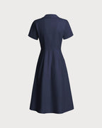Navy Pocketed Short Sleeve Midi Dress