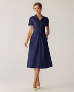Navy Pocketed Short Sleeve Midi Dress