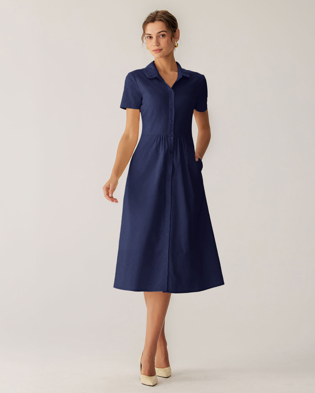 Navy Pocketed Short Sleeve Midi Dress