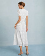 Embroidered Midi Dress with White Puffed Sleeves