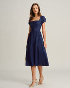 Navy A-Line Midi Dress with Square Neck and Short Sleeves