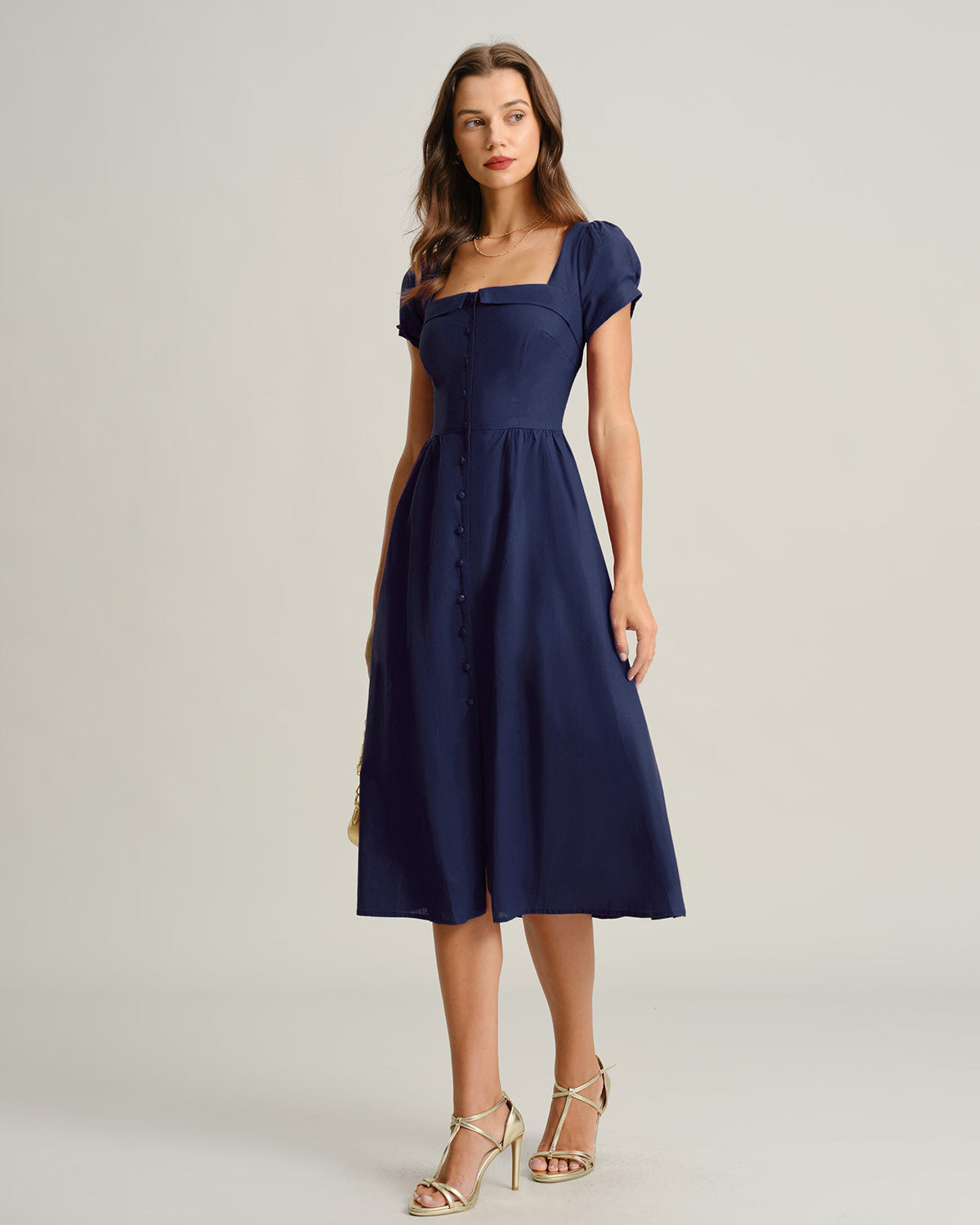 Navy A-Line Midi Dress with Square Neck and Short Sleeves