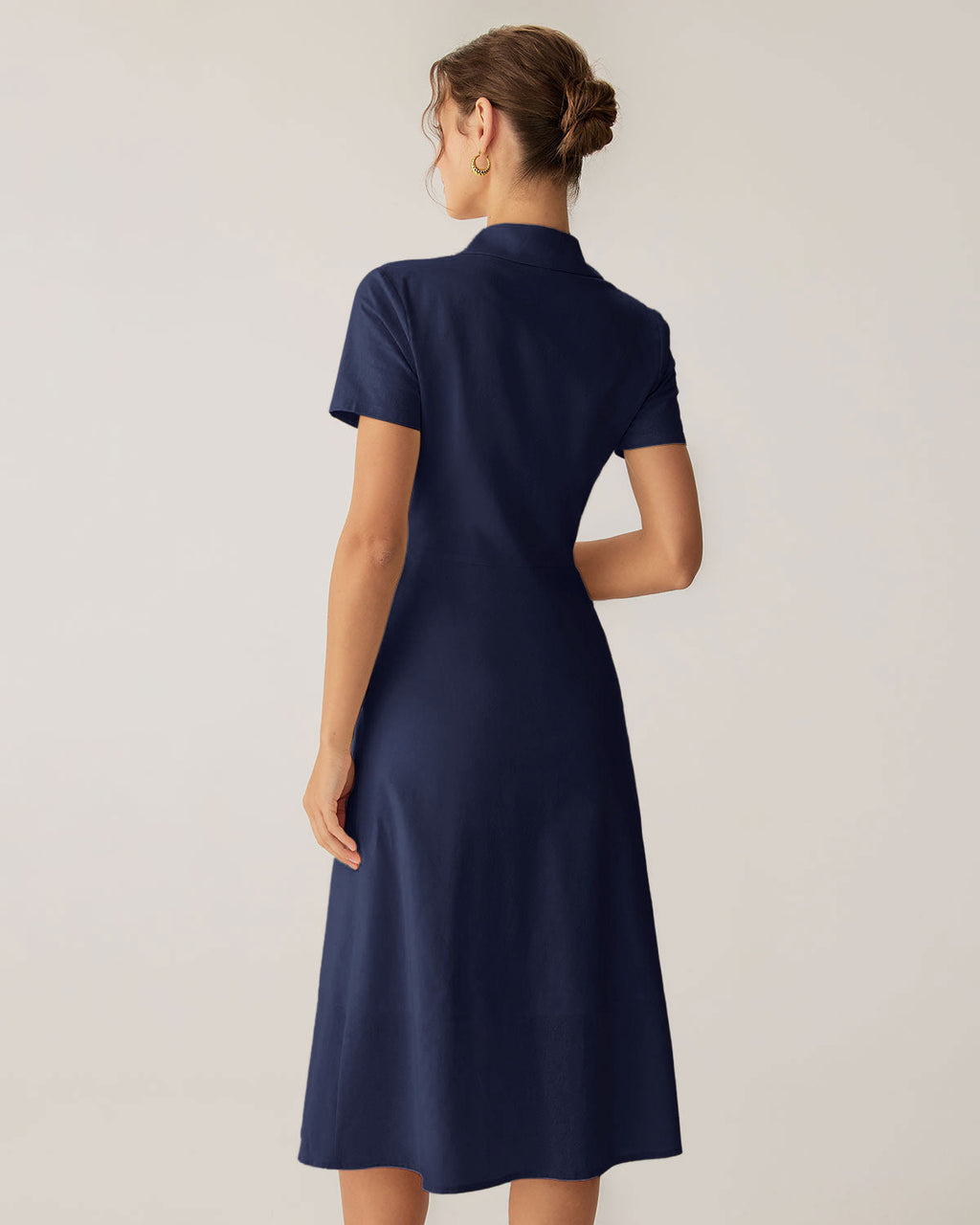 Navy Pocketed Short Sleeve Midi Dress