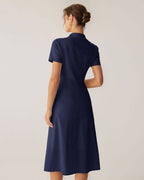 Navy Pocketed Short Sleeve Midi Dress