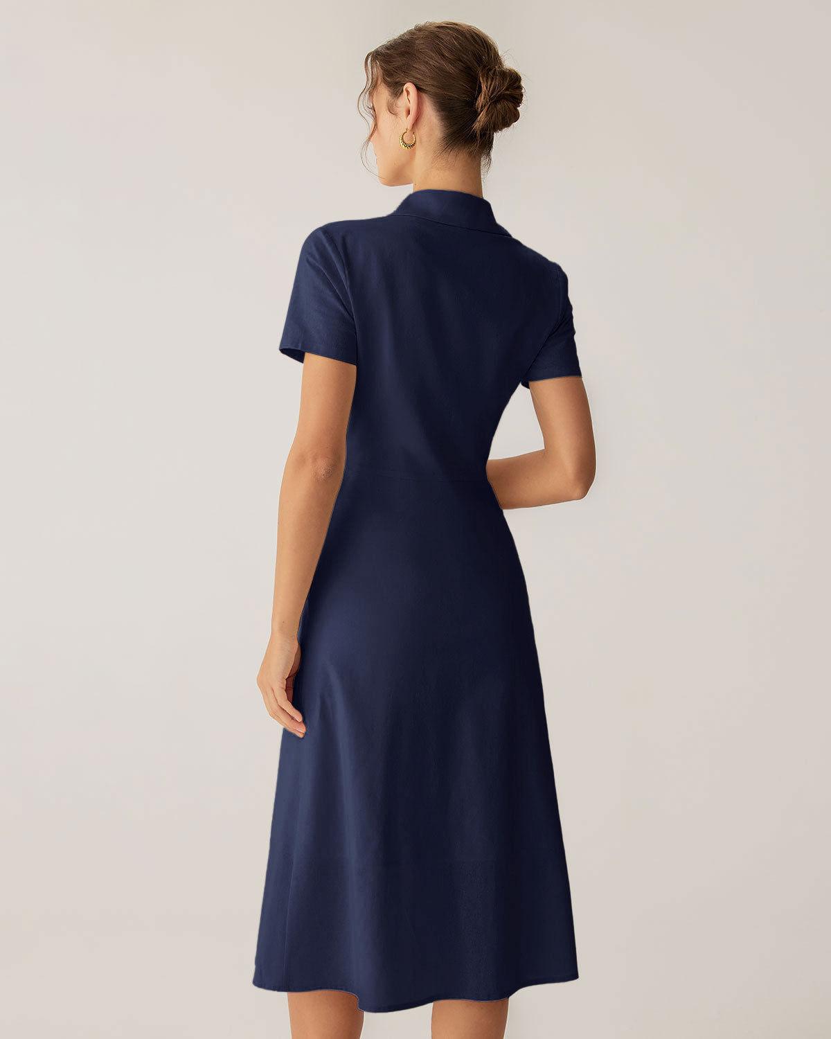 Navy Pocketed Short Sleeve Midi Dress