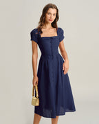 Navy A-Line Midi Dress with Square Neck and Short Sleeves