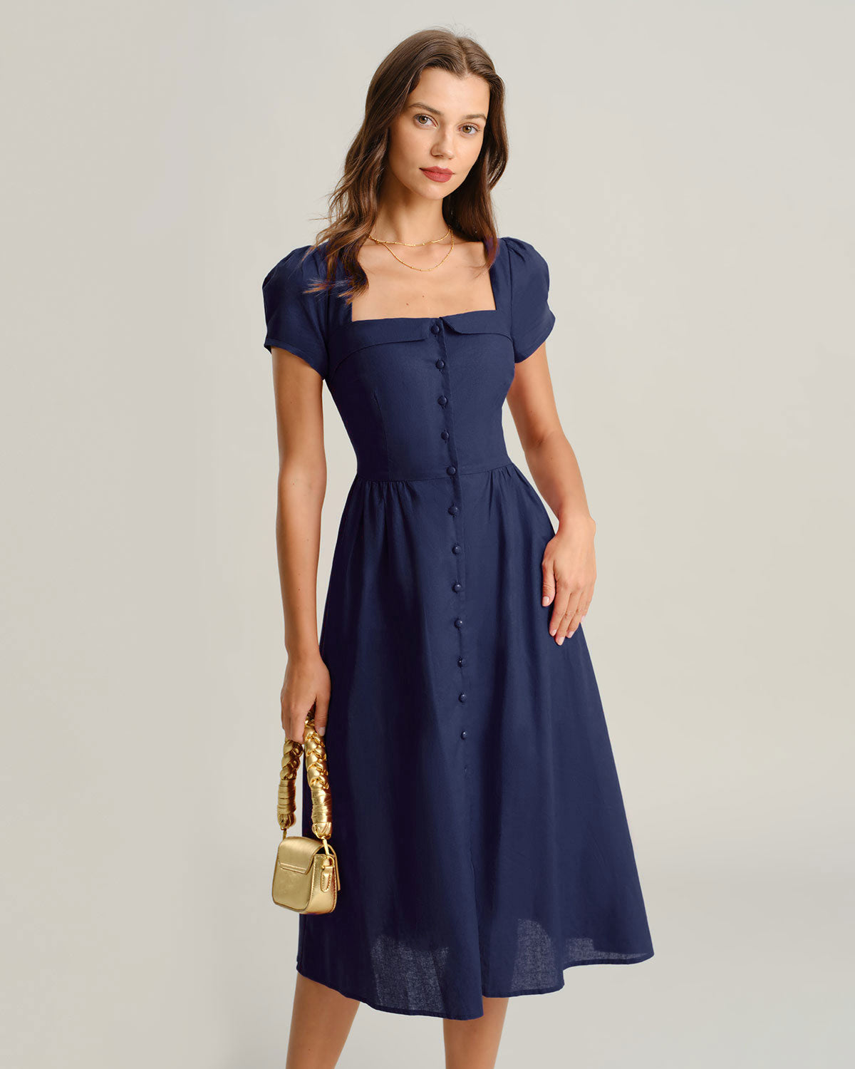 Navy A-Line Midi Dress with Square Neck and Short Sleeves