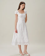 Embroidered White Midi Dress with Square Neckline