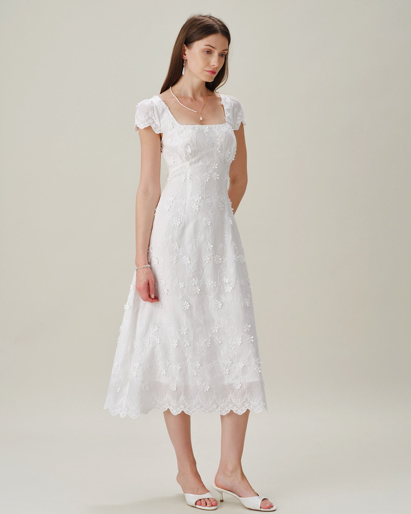 Embroidered White Midi Dress with Square Neckline