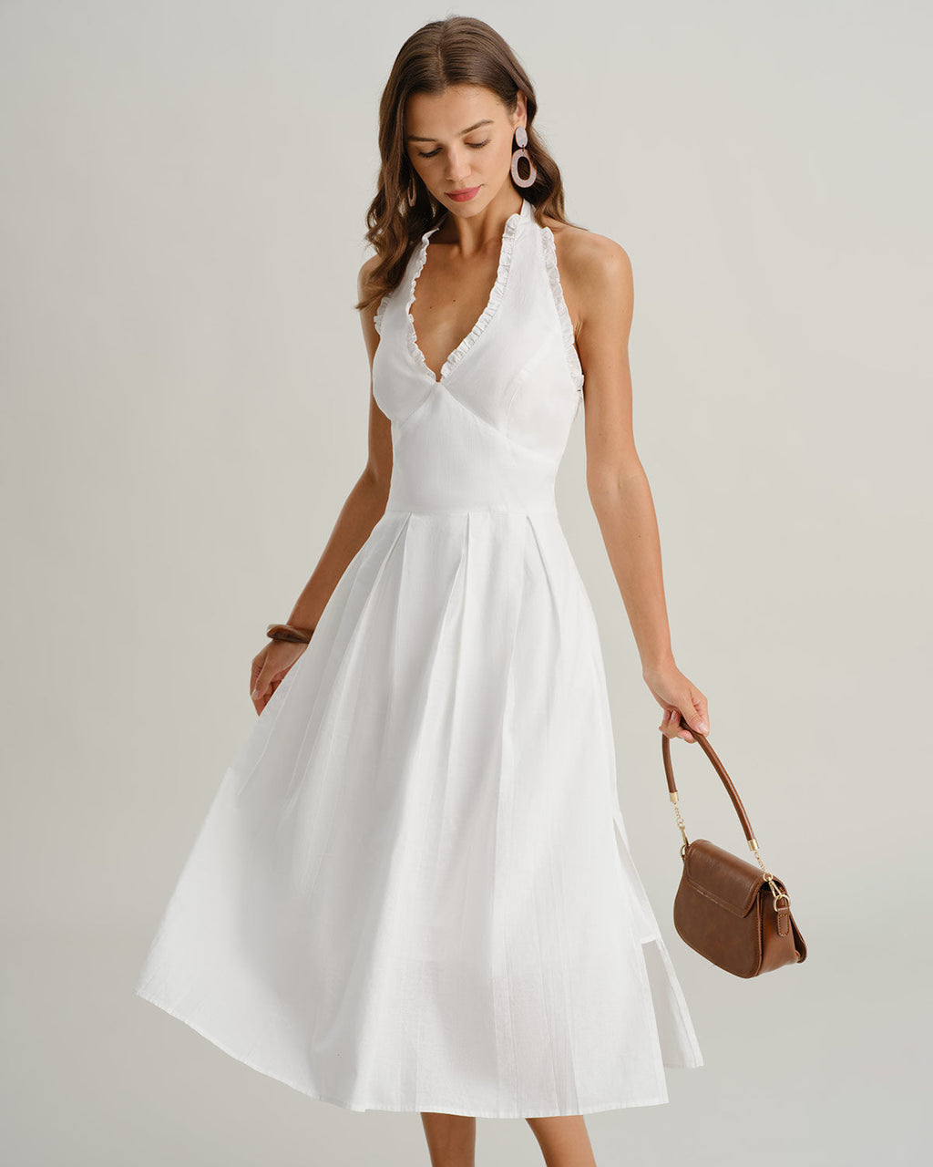 White Sleeveless Midi Dress with V-Neck Halter Design