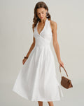 White Sleeveless Midi Dress with V-Neck Halter Design