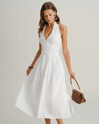 White Sleeveless Midi Dress with V-Neck Halter Design