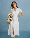 Embroidered Midi Dress with White Puffed Sleeves