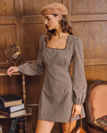 Brown Plaid A-Line Mini Dress with Square Neck