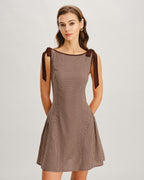 Brown Gingham Mini Dress with Tie Straps