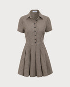 Brown Plaid Pleated Mini Dress with Lapel