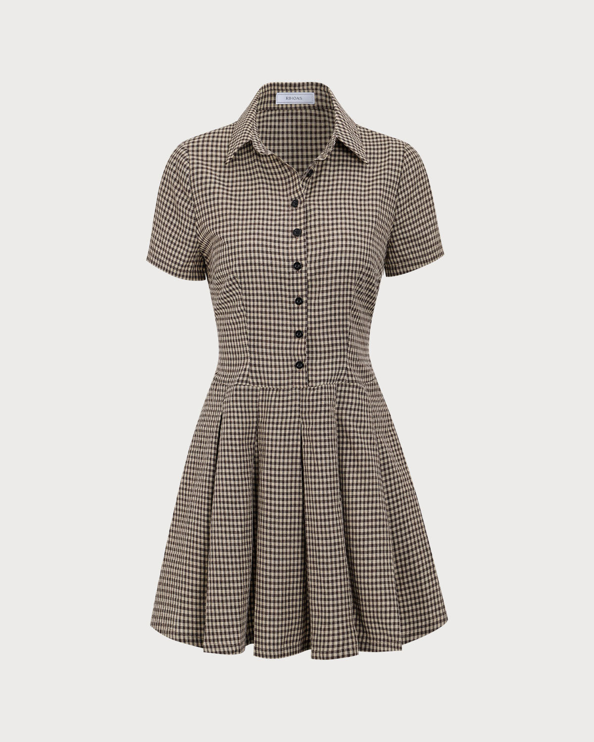 Brown Plaid Pleated Mini Dress with Lapel