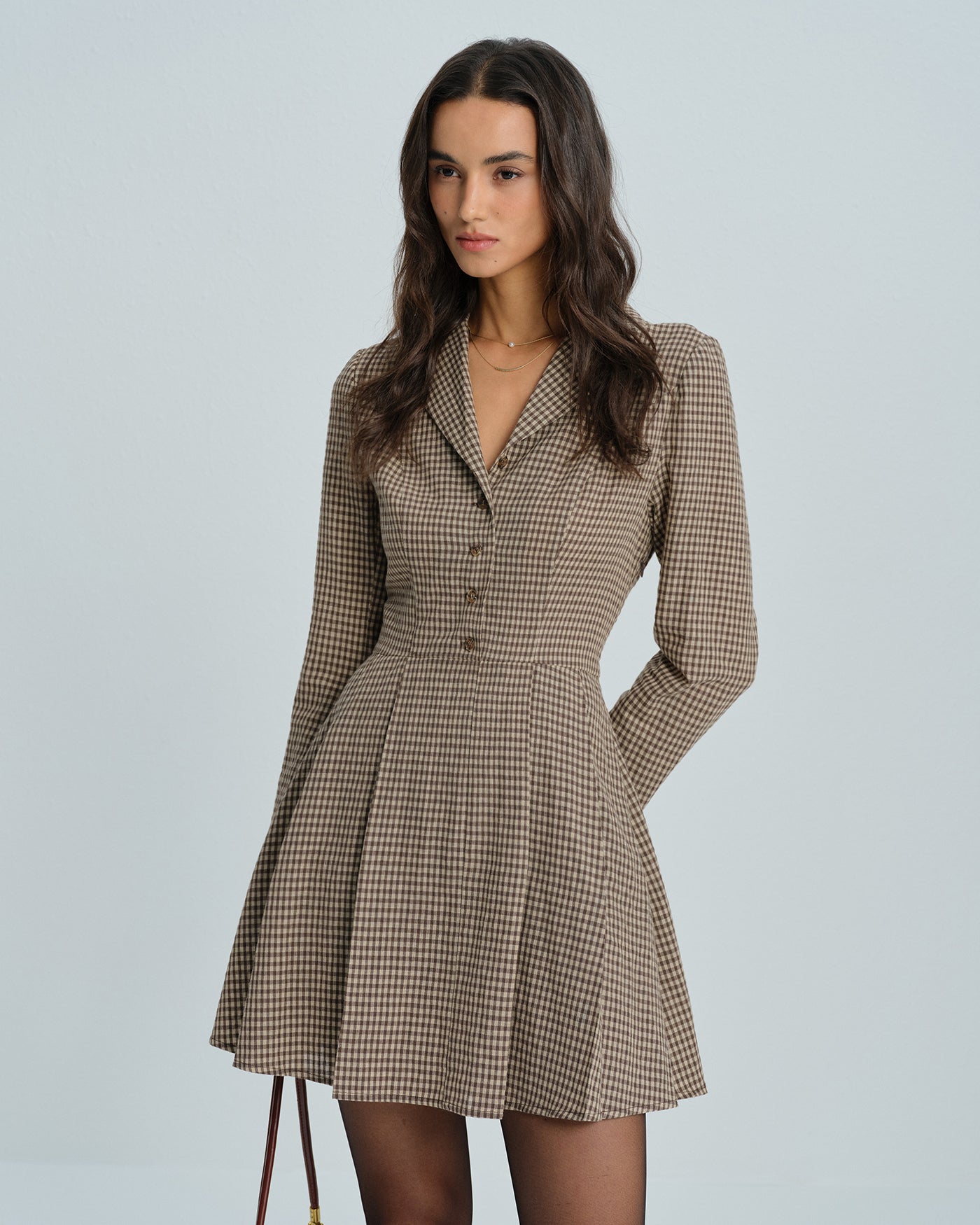 Brown Gingham Cotton Mini Dress with Collar