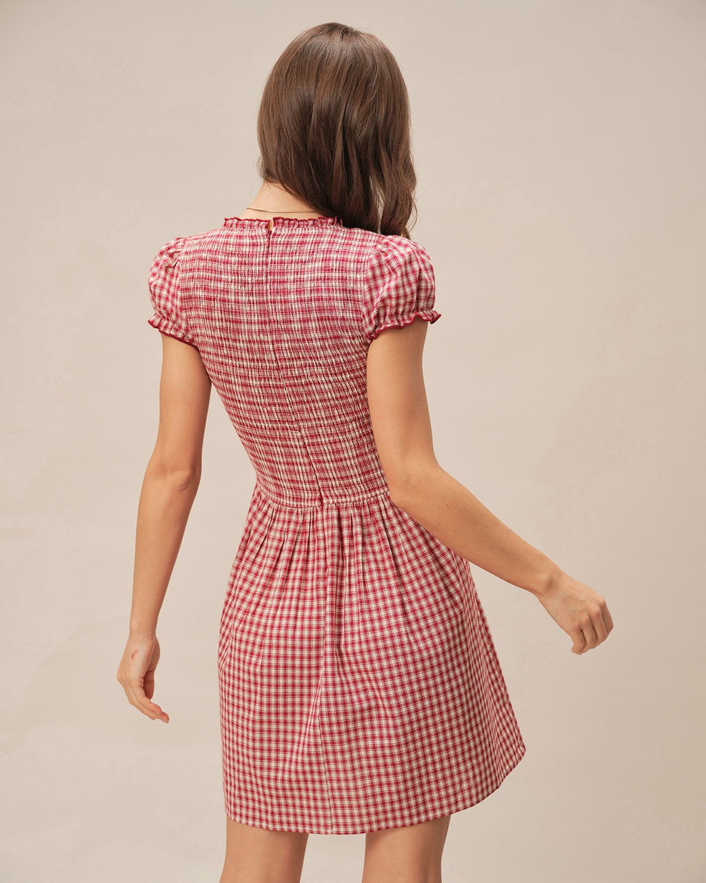 Plaid Mini Dress with Red V-Neck