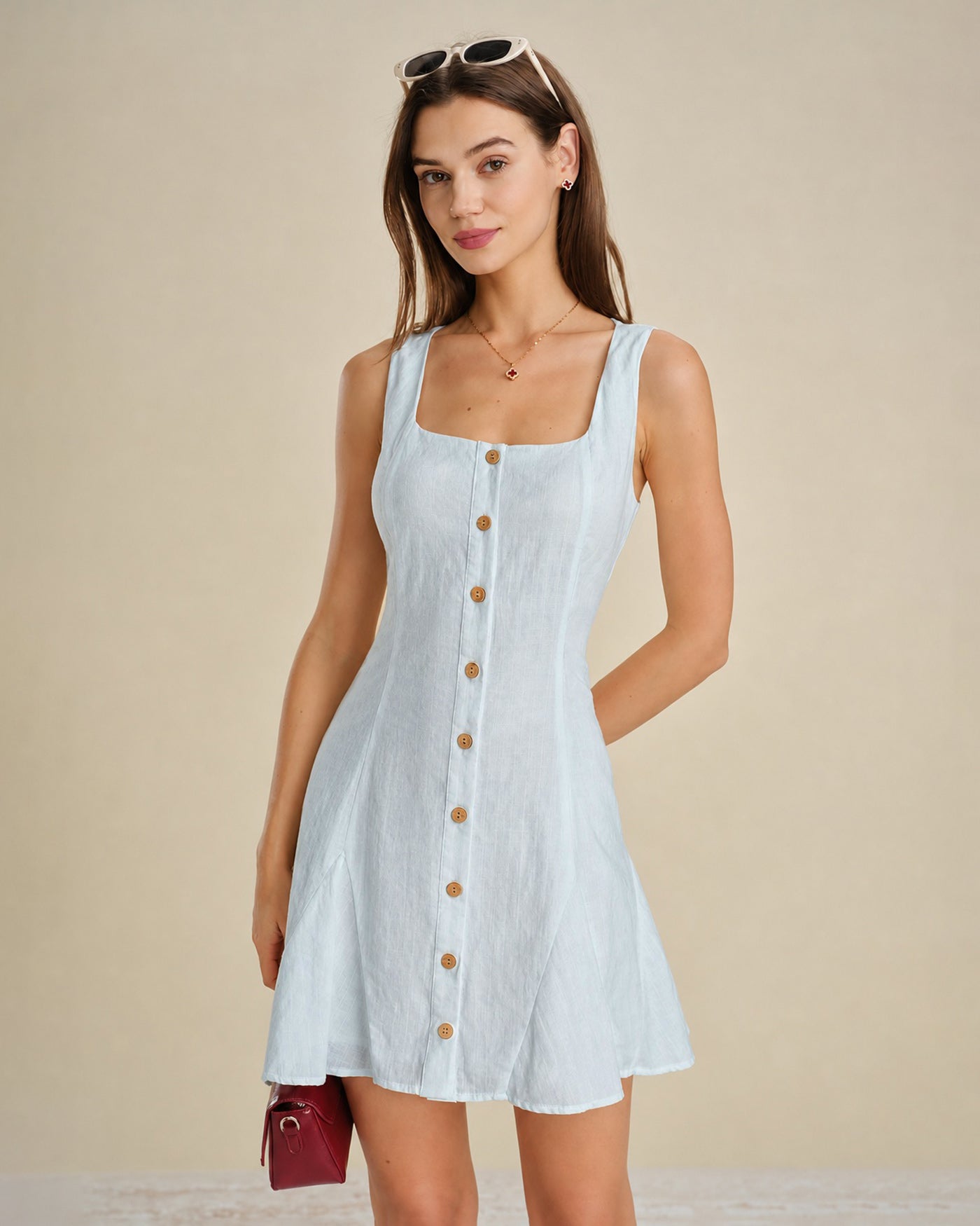 Textured Mini Dress with Blue Square Neck