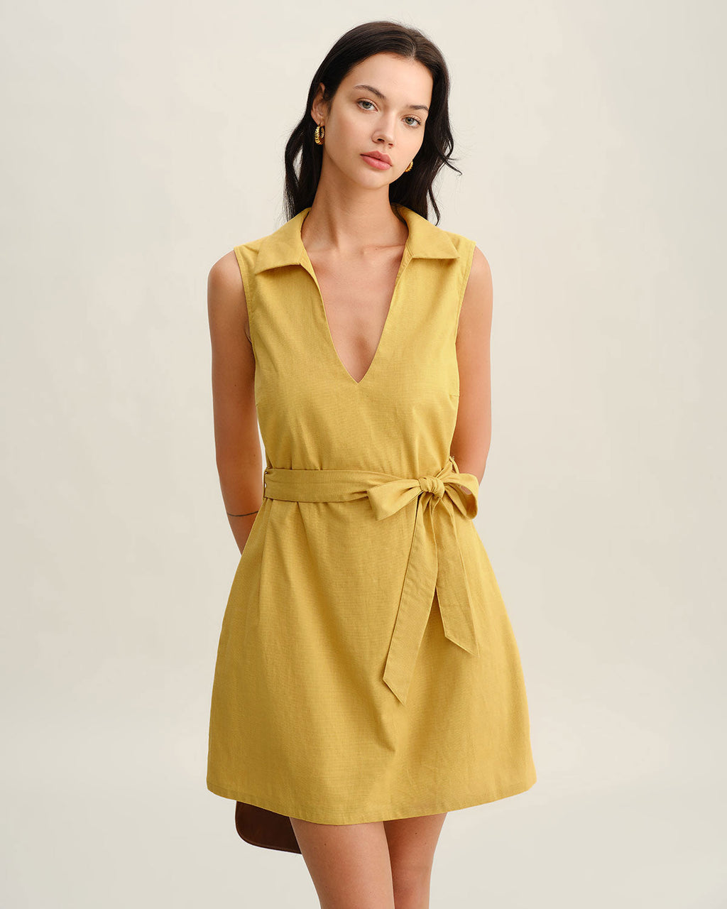 Yellow Sleeveless Mini Dress with Tie Waist