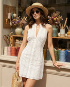 White Mandarin Collar Mini Dress with Cut-Out Details