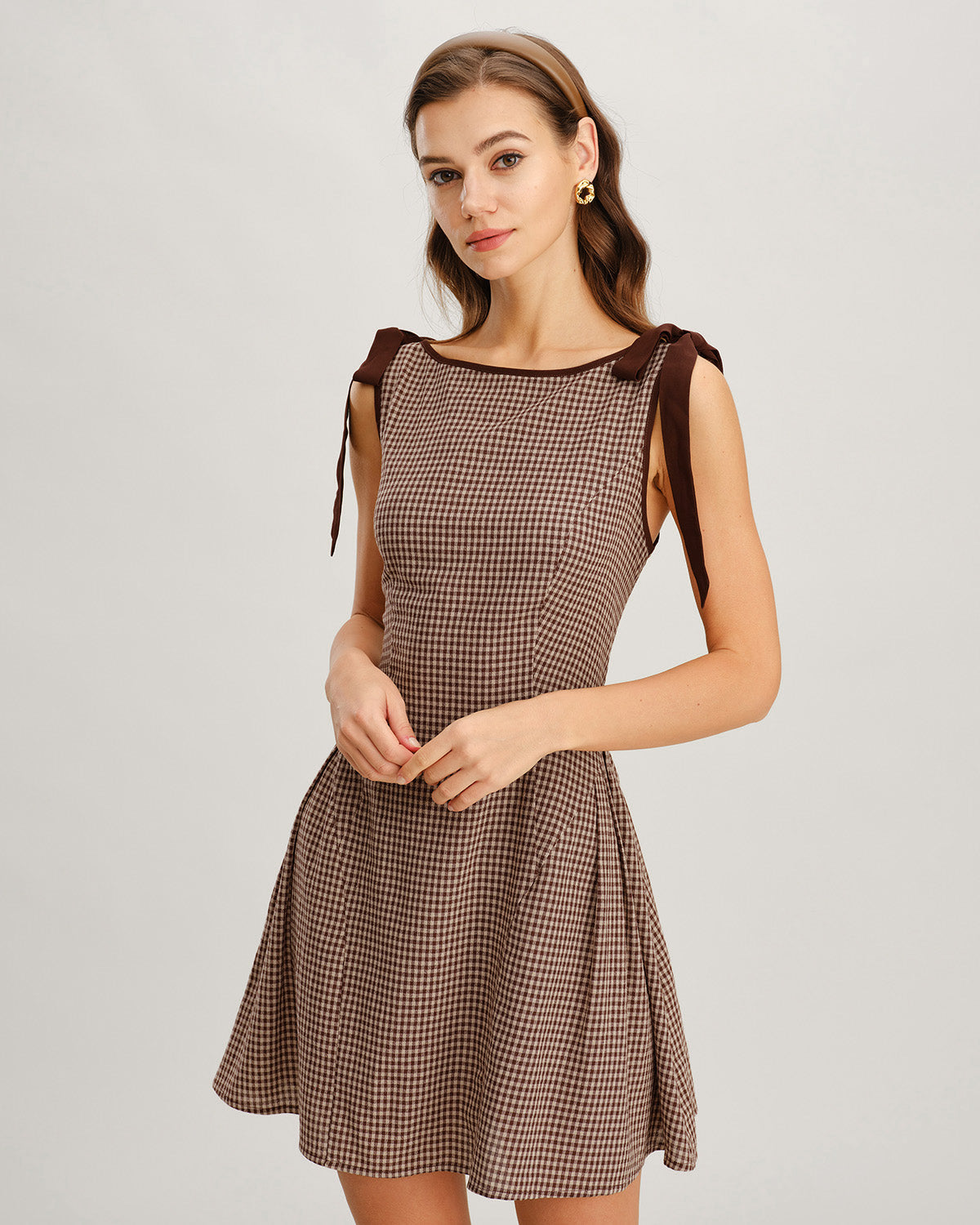 Brown Gingham Mini Dress with Tie Straps