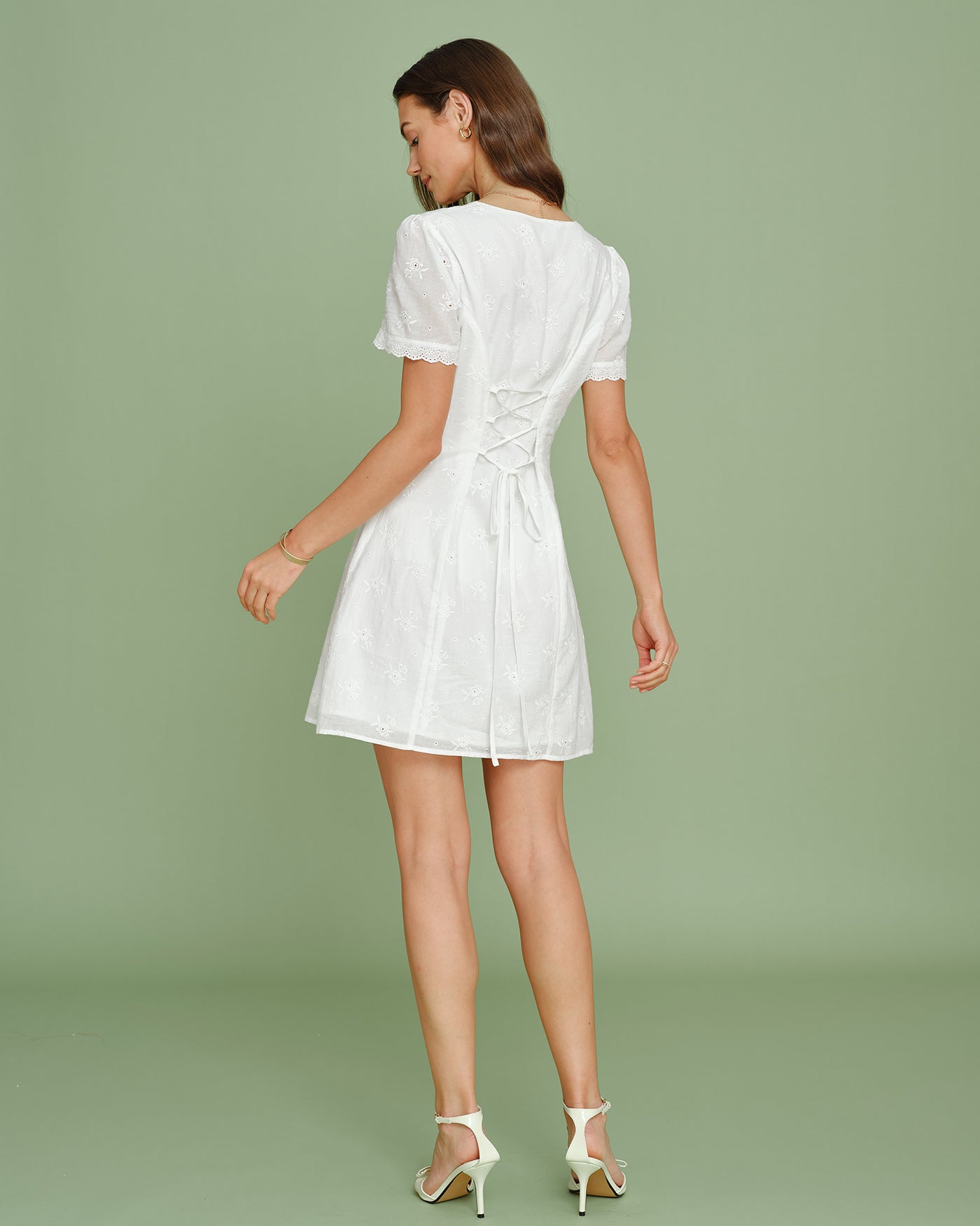 White Lace Mini Dress with V-Neck Embroidery