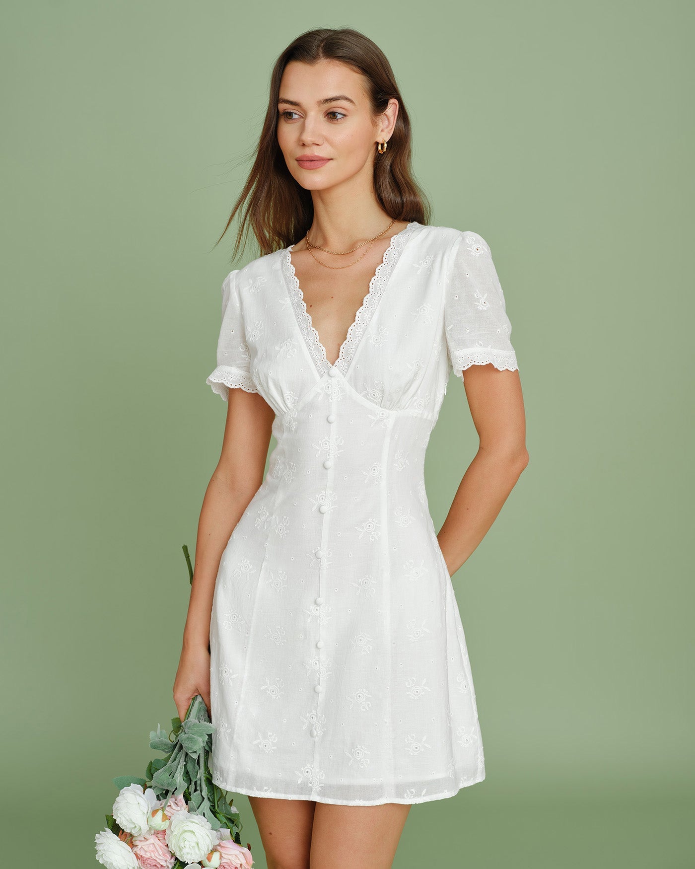 White Lace Mini Dress with V-Neck Embroidery