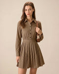 Plaid Mini Dress with Pleated Design in Brown