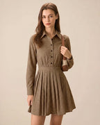 Plaid Mini Dress with Pleated Design in Brown